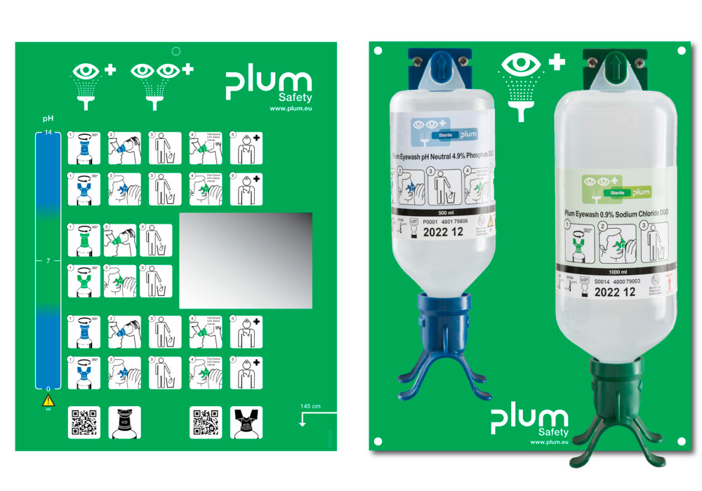 Wall mounted unit with 2 eye rinse bottles, 500 ml pH neutral solution and 1000 ml - 1