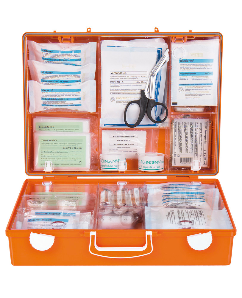 Erste-Hilfe-Koffer mit Füllung nach DIN 13169, aus ABS-Kunststoff, mit Wandhalterung, orange - 2