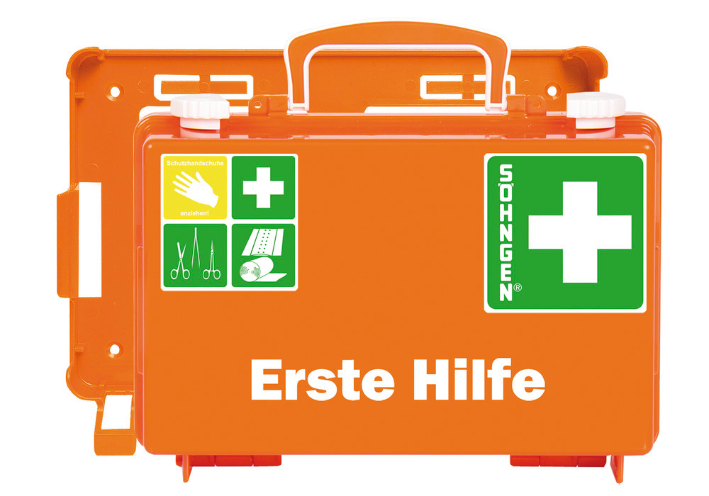 Erste-Hilfe-Koffer aus ABS-Kunststoff, mit Füllung nach DIN 13157, mit Wandhalterung, orange - 1