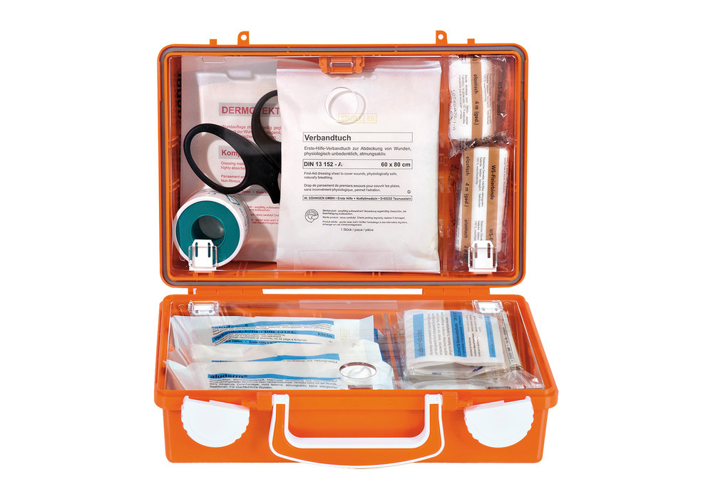 Erste-Hilfe-Koffer aus ABS-Kunststoff, mit Füllung nach DIN 13157, mit Wandhalterung, orange - 2