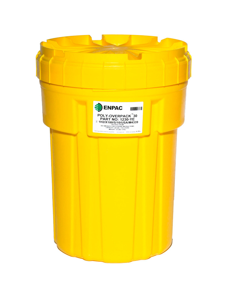 Overpack Salvage Drum - 30-Gallons - Poly Construction - Stackable - Yellow - 1230-YE - 1