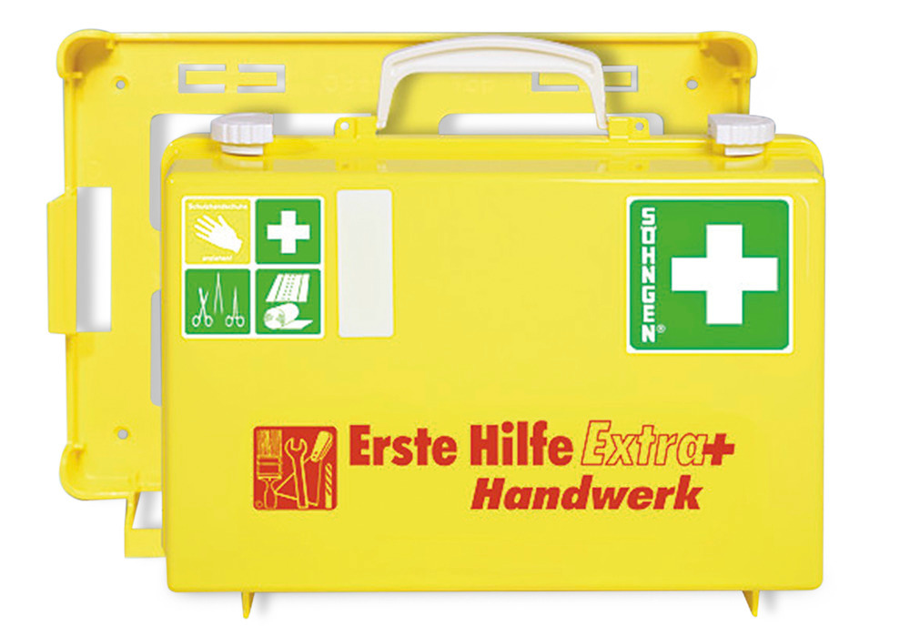 Erste-Hilfe-Koffer Extra, Ausführung "Handwerk", mit Wandhalter, gelb - 1