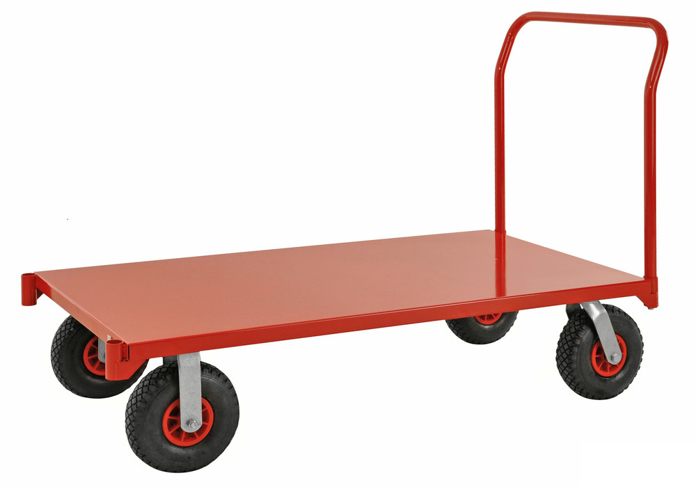 Nagy platformkocsi KM, vonórúd, porfestett, piros, ho: 1550 mm, teherb.: 1200 kg, 4 légabroncs - 1