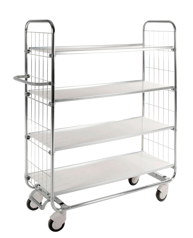 Tiered trolley KM, galv, 4 flexible shelves, LxWxH 1195 x 470 x 1590 mm, 4 sw castors, central brake - 1