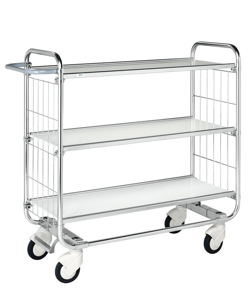 Tiered trolley KM, galv, 3 flexible shelves, LxWxH 1195 x 470 x 1120 mm, 4 sw castors, central brake - 1