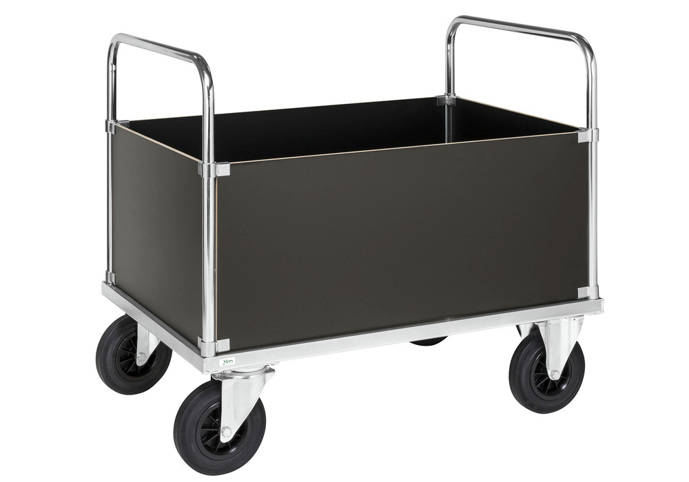 Plošinový vozík typ KM, 4 stěny, zinkovaný, d x š 1000 x 700 mm, gumová kolečka, brzda - 1