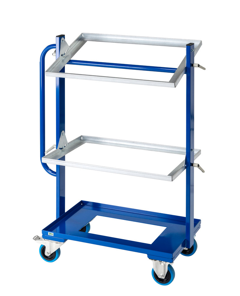 Occasional trolley KM for Euro boxes, 2 tiltable shelves, galvanised/ blue, rubber castors, brake - 1