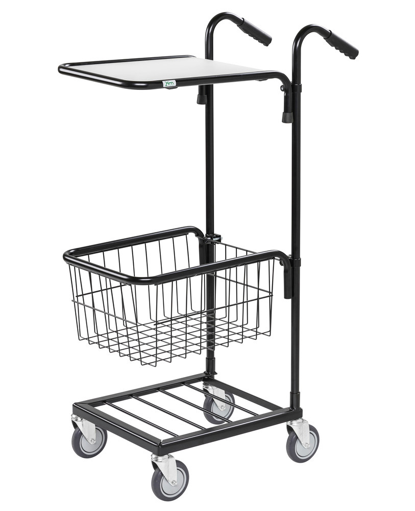 Small transport trolley KM with shelf, basket, height-adjustable, powder coated, TPE castors, brake
