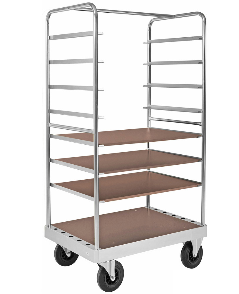 Tiered trolley KM, galvanised, 4 MDF shelves, LxWxH 1000 x 700 x 1900 mm, 2 swivel, 2 fixed castors - 1