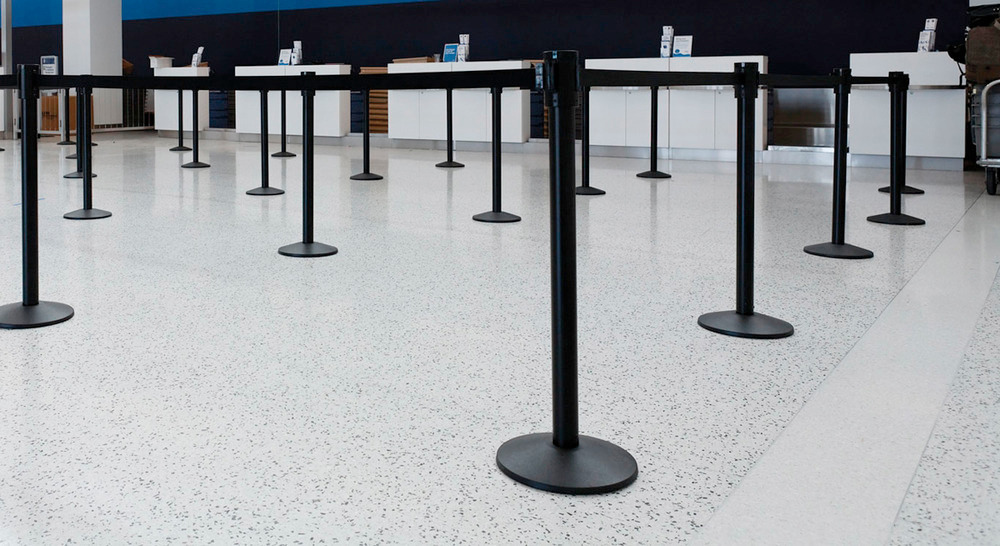Retractable Tape Barrier Posts - 10 ft Belt Length - Aluminum Construction - Black Post - Indoor - 1