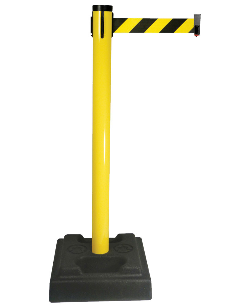 Retractable Tape Barrier Posts - 15 ft Belt Length - Aluminum Construction - Black & Yellow Hazard - 1