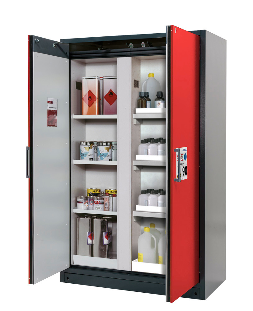 asecos Feuerbeständiger Gefahrstoffschrank Select, mit Mittelwand, Einlege- und Wannenböden, rot - 1
