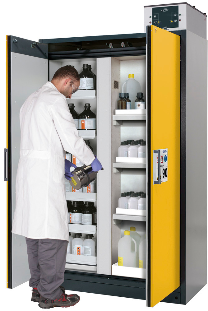 Brandklassat kemikalieskåp asecos Select, med mellanvägg, utdragskärl och uppsamlingskärl, gult - 1
