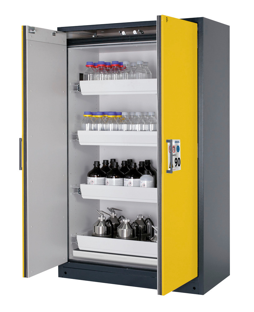 asecos fire-rated hazmat cabinet Select W-124-O one touch, 4 slide-out spill trays, doors yellow - 1