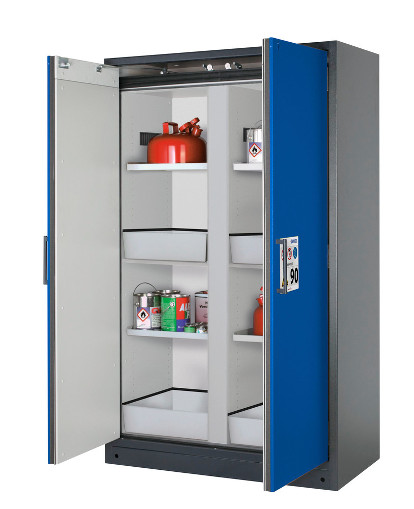 Protipožární skříň typ Select, s dělicí stěnou, vložné police a police s vanami, dveře modré - 1
