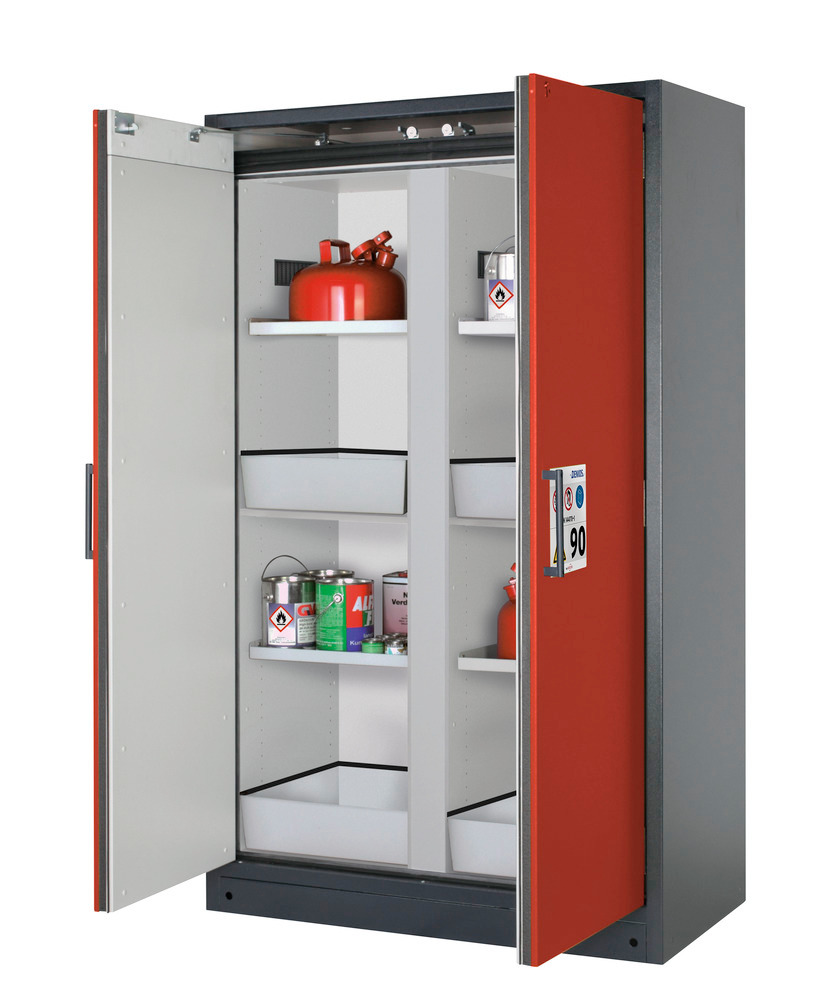 asecos tűzálló veszélyesanyag-tároló szekrény Select, köztes fal, polcok, padlótálcák, piros - 1