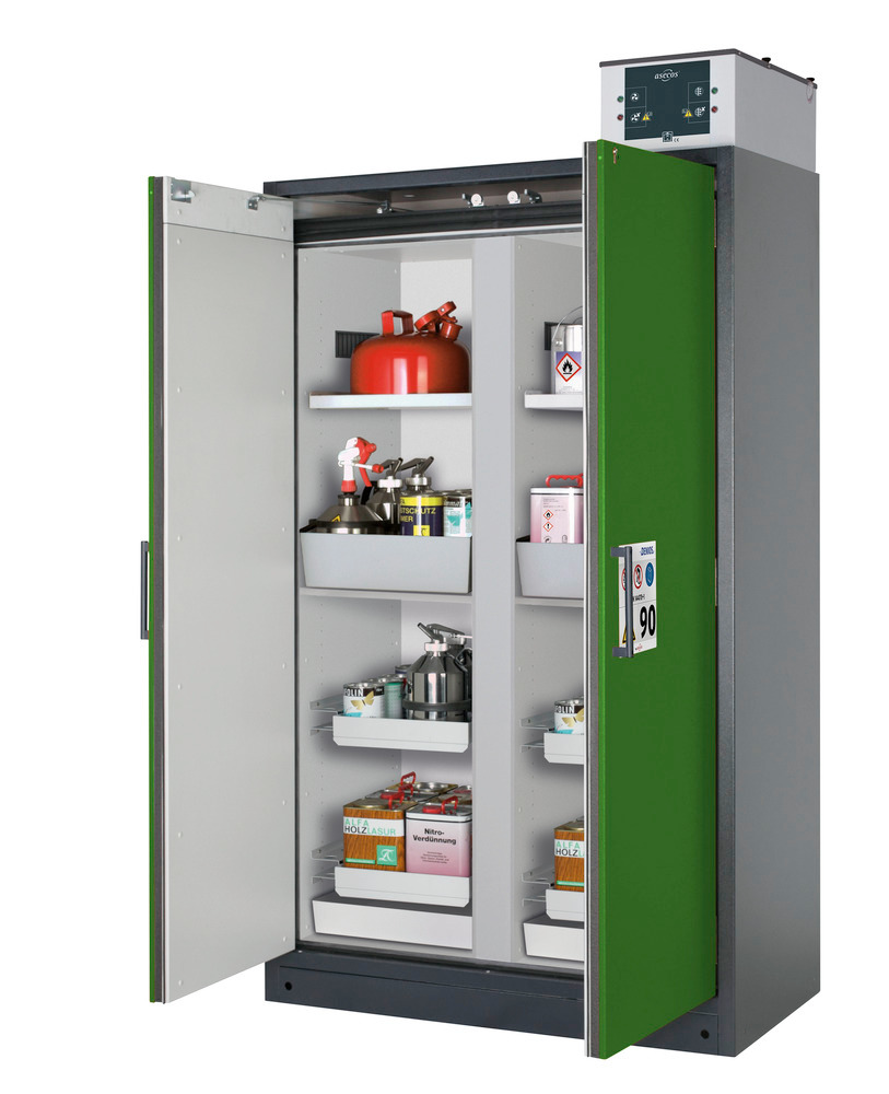 Protipožární skříň typ Select, s dělící stěnou, vložné police a výsuvné vany, dveře zelené - 1