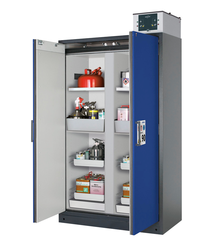 asecos tűzálló veszélyesanyag-tároló szekrény Select, köztes fal, polcok, kihúzható tálcák, kék - 1
