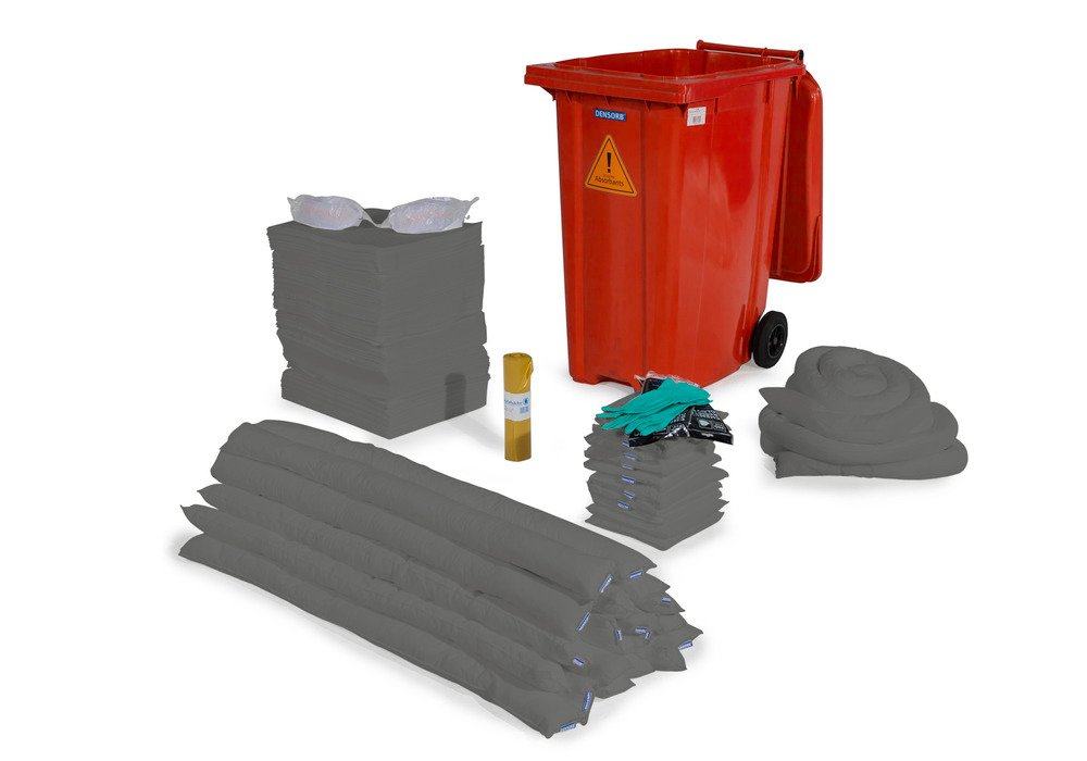 Kit de absorventes Universal DENSORB em contentor do lixo vermelho com rodas de 360 litros - 1