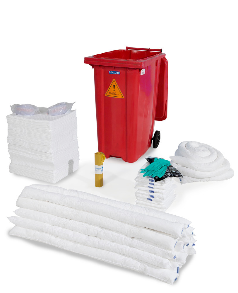 Kit d'absorbants anti-pollution DENSORB, absorbants en conteneur rouge sur roulettes B 36, Huile - 1