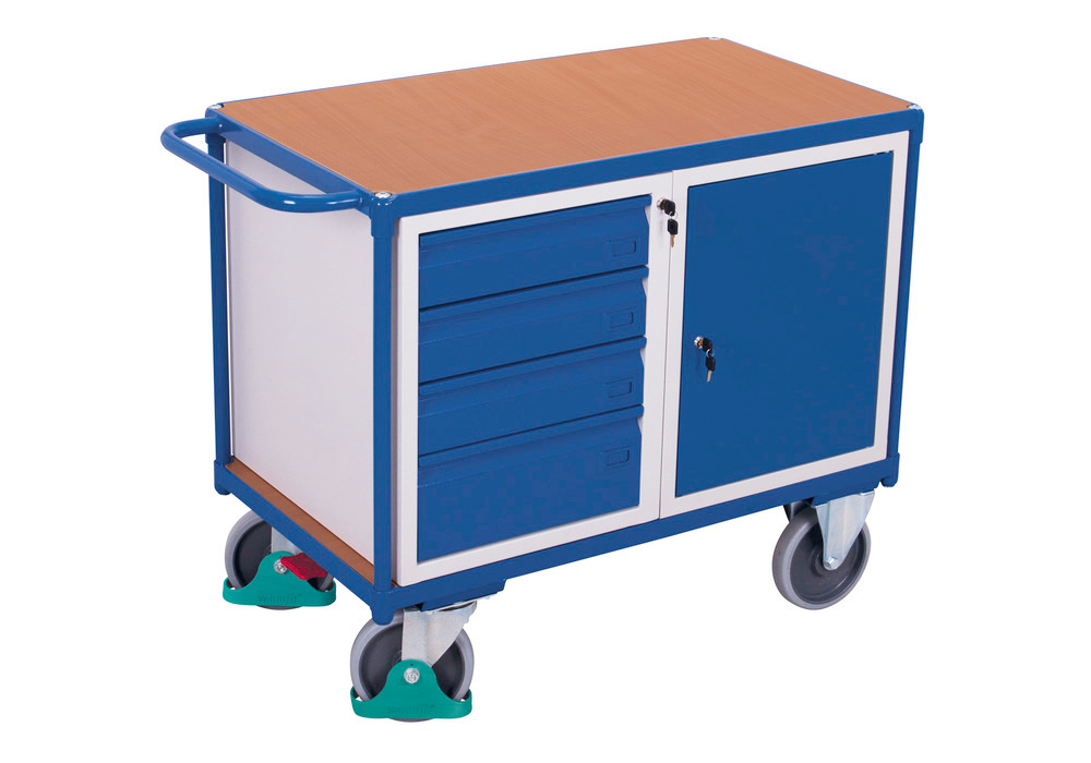 Workshop trolley with 1 shelf, wing door and 4 drawers, 1190 x 600 x 930 mm - 1