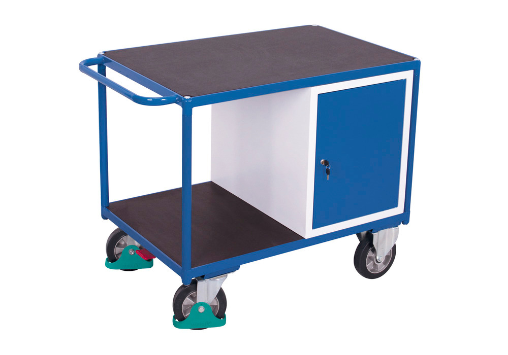 Dílenský vozík na těžký náklad, 2 odkládací plochy, skříňka, šířka 1390 mm - 1