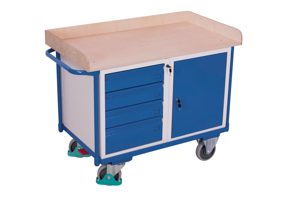 Workshop trolley with 3 shelves, worktop in beech plywood, 4 drawers and wing door - 1