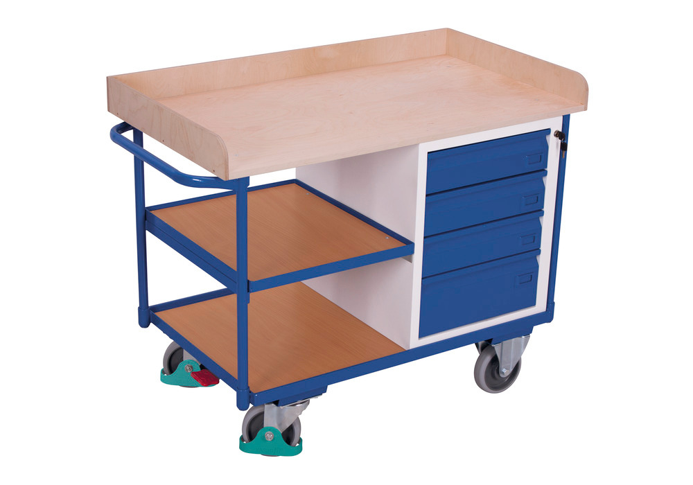 Workshop trolley with 3 shelves, worktop in beech plywood, 4 drawers - 1