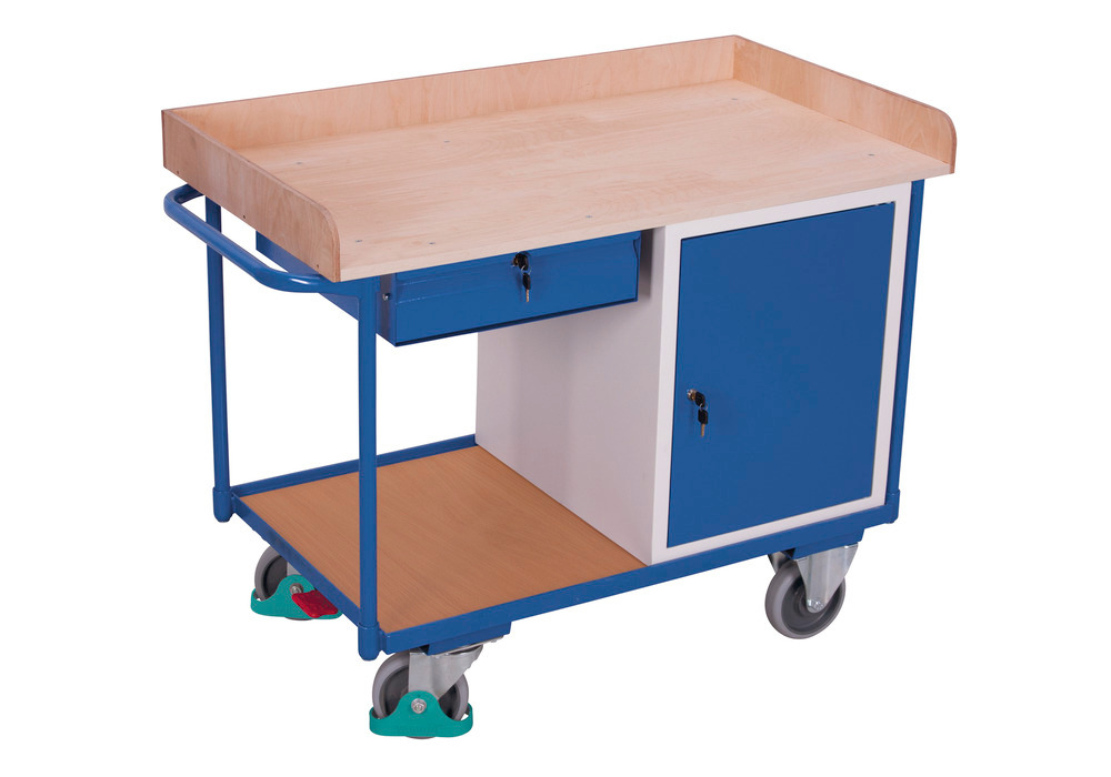 Dílenský vozík, 2 odkládací plochy, pracovní deska z bukové překližky, skříňka, zásuvky