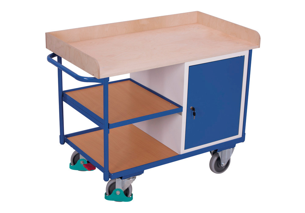 Dílenský vozík, 3 odkládací plochy, pracovní deska z bukové překližky, skříňka - 1