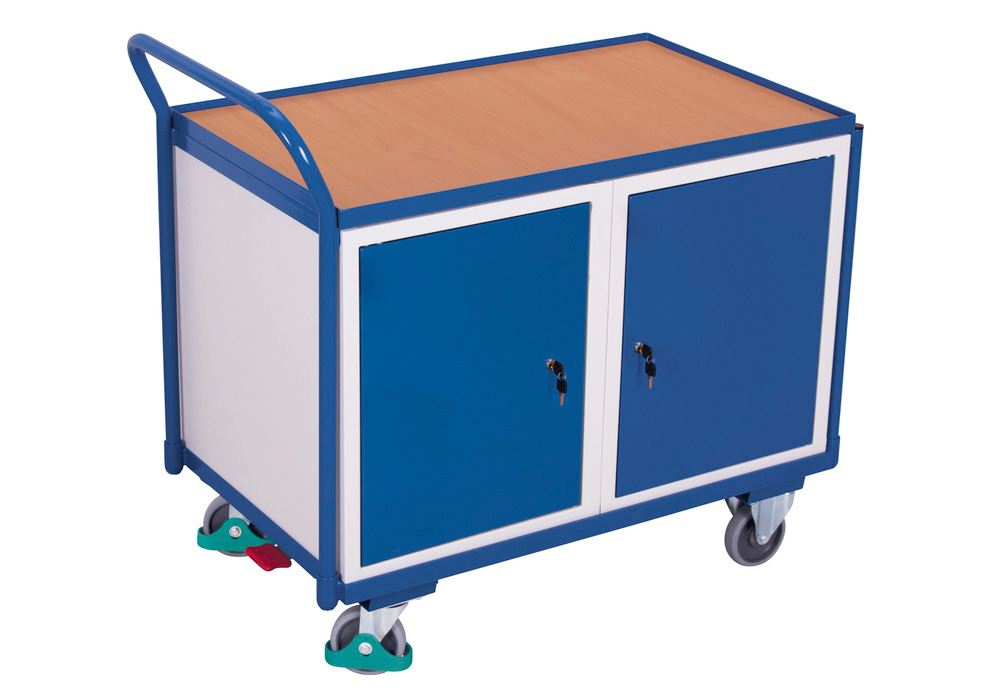 Workshop trolley with 1 shelf, double wing door and centre partition - 1