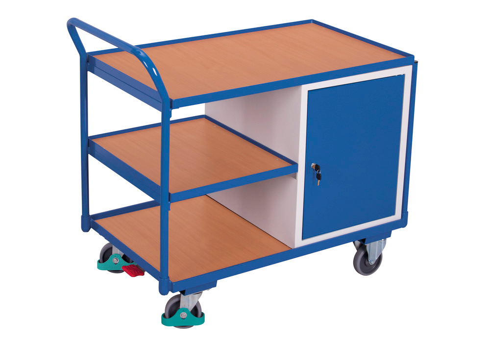 Wózek warsztatowy z 3 powierzchniami ładunkowymi i szafką z drzwiczkami skrzydłowymi