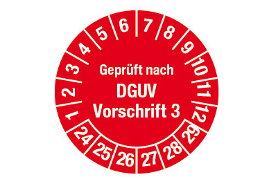Prüfplakette "Geprüft nach DGUV Vorschr. 3", 2024, rot, Folie, SK, 20 mm, VE = 3 Bogen à 36 Stück - 1