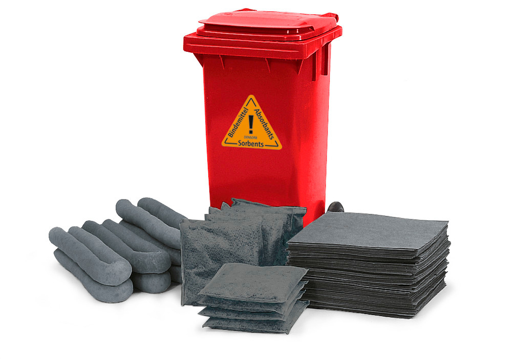 Set de absorbentes Universal DENSORB en contenedor de basura rojo con ruedas de 120 litros - 1