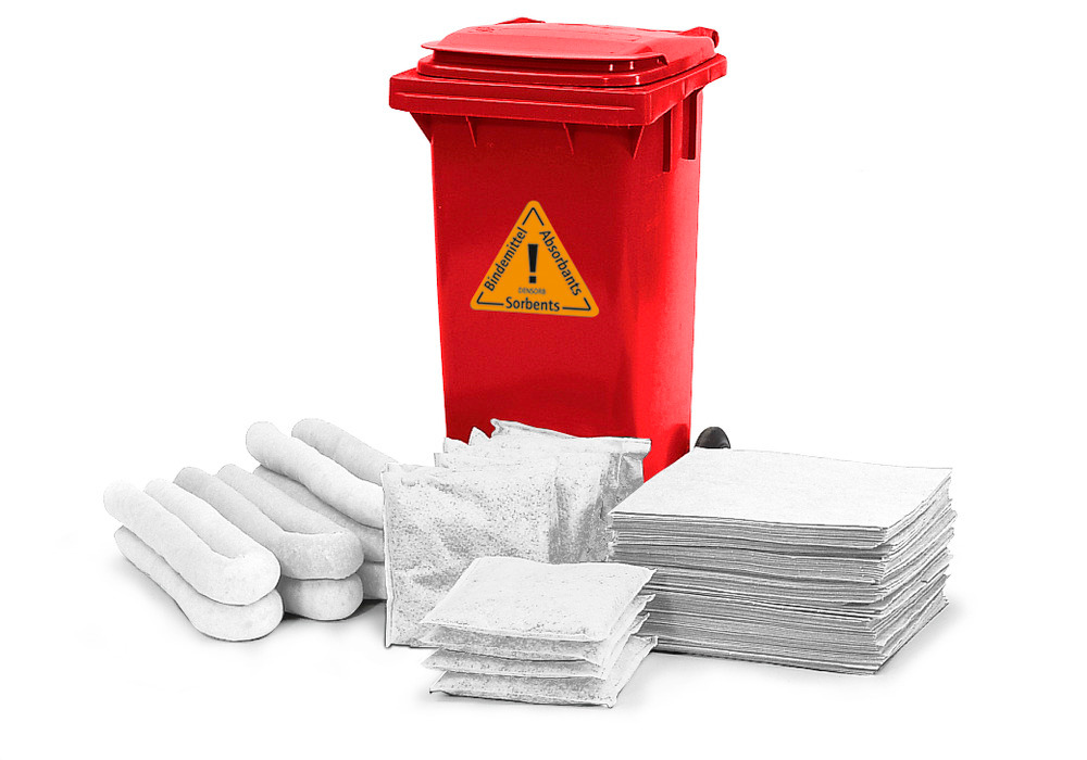 Kit d'absorbants anti-pollution DENSORB, absorbants en conteneur rouge sur roulettes B 12, Huile - 1