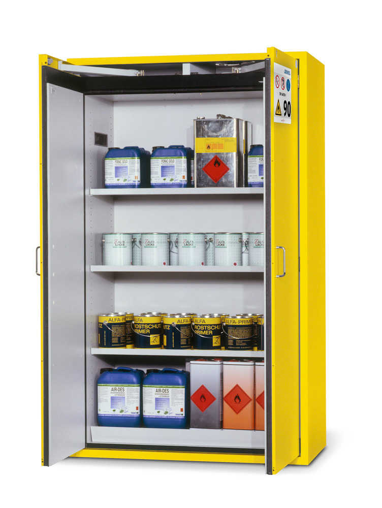 Protipožární skříň na nebezpečné látky G-1201, šířka 1200 mm, 3 police a podlahová vana, žlutá