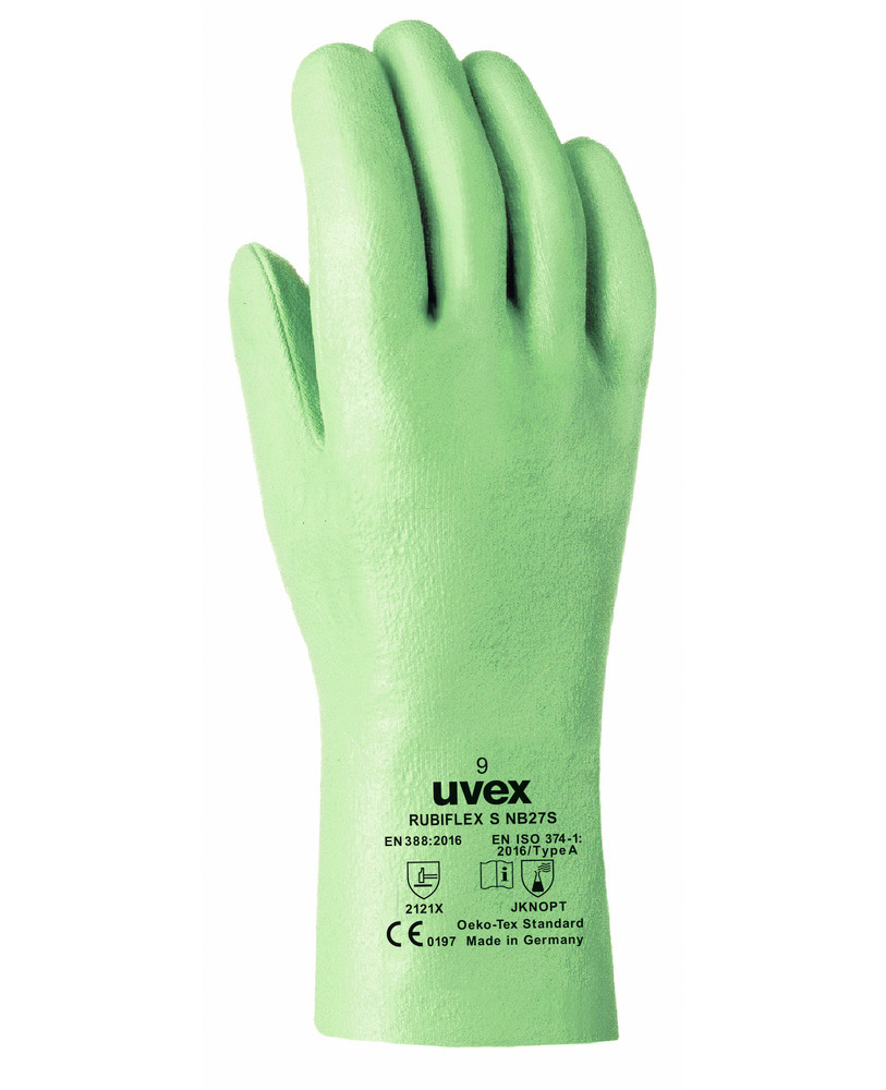 Luvas proteção contra químicos uvex rubiflex S -NB 27S, cat. III, comp. 27 cm, verde, T.8, 10 pares - 1