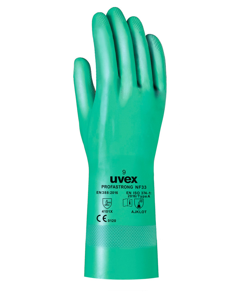Kemikaliebeskyttelseshandsker uvex profastrong NF 33, kat. III, 33 cm lang, grøn, str.7,12 par/pakke - 1