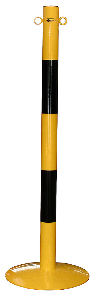 Poteau de délimitation / support de chaîne, sur socle plat et bombé, jaune, avec 2 bandes noires