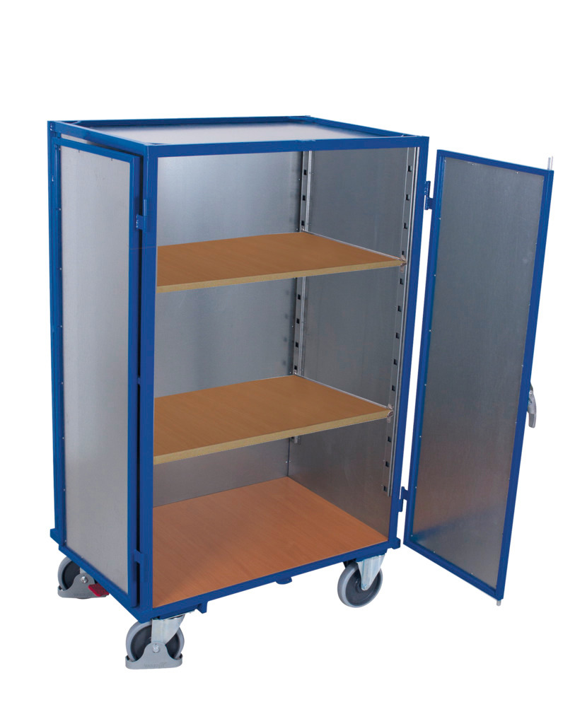 Box trolley w. sheet metal wall, 2-wing door, espagnolette lock, 3 shelves, EasySTOP, 1045 x 685 mm - 1