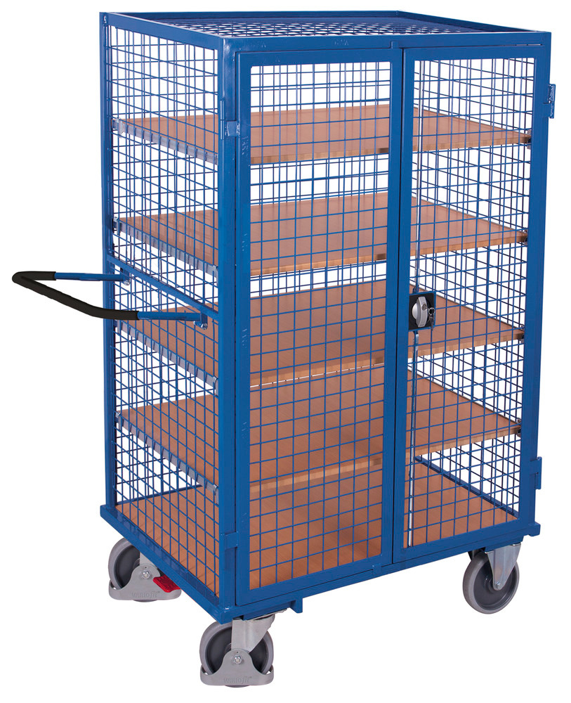 Mesh trolley with 2-wing door and espagnolette lock, 5 shelves, EasySTOP, 1045 x 685 mm - 1