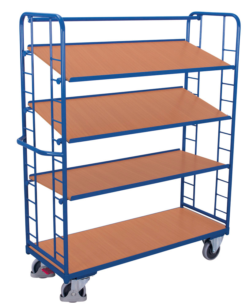 Steel tiered trolley, 4 shelves, 3 tiltable, EasySTOP, height 1855 mm - 1