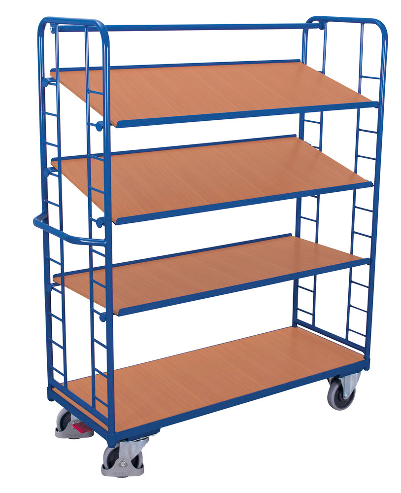 Steel tiered trolley, 4 shelves, 3 tiltable, EasySTOP, height 1815 mm - 1