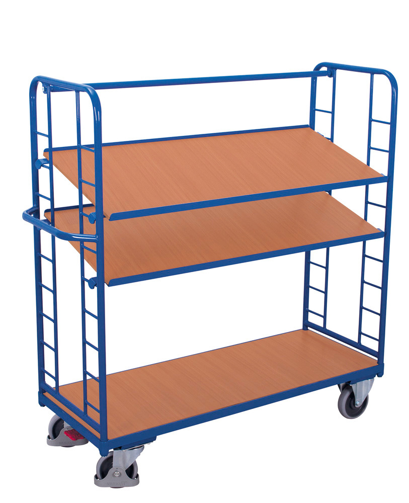 Steel tiered trolley, 3 shelves, 2 tiltable, EasySTOP, height 1575 mm - 1