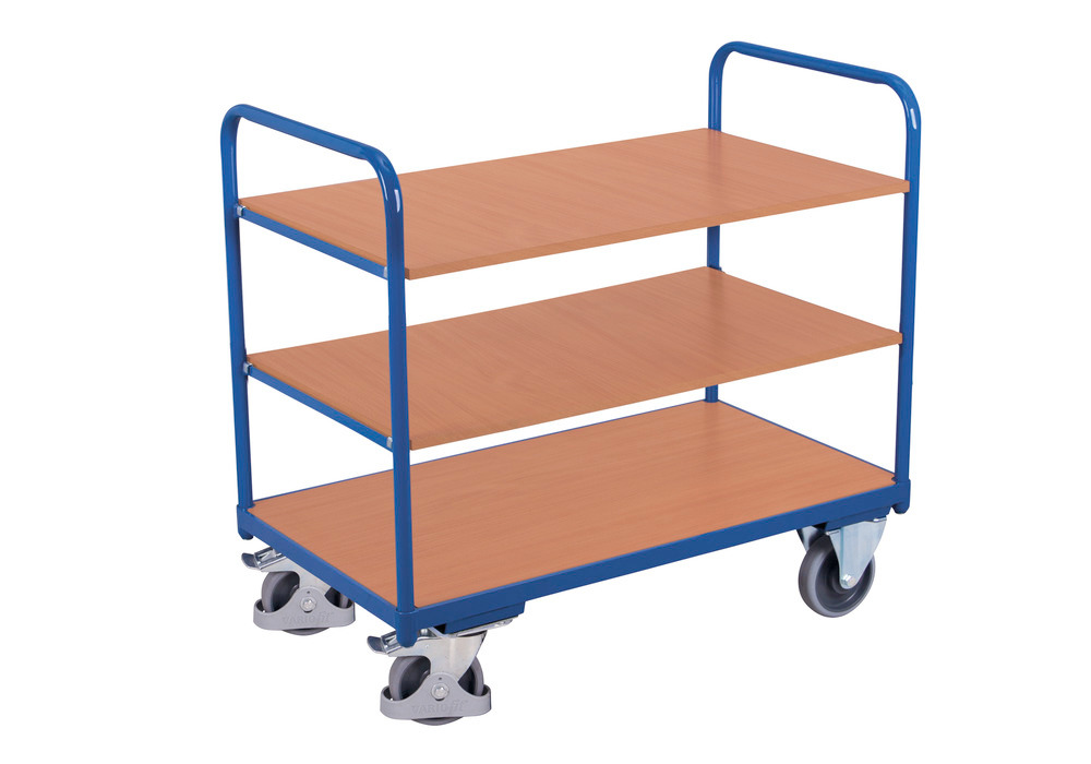 Steel transport trolley, 3 shelves, powder coated, TPE castors, EasySTOP, 1000 x 600 mm - 1
