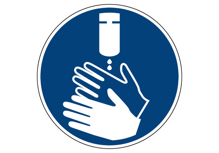 Panneau "désinfecter les mains", autocollant Ø 50 mm, feuille de 6 autocollants