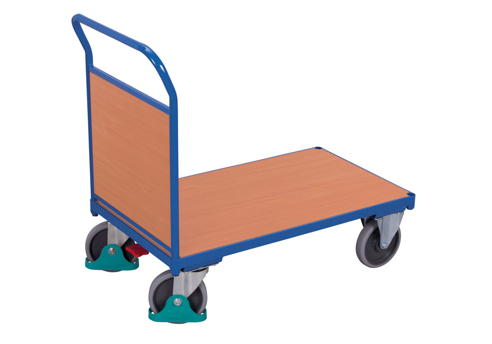 Steel panelled trolley, with wooden wall, powder coated, TPE castors, EasySTOP, 1230 x 800 mm - 2