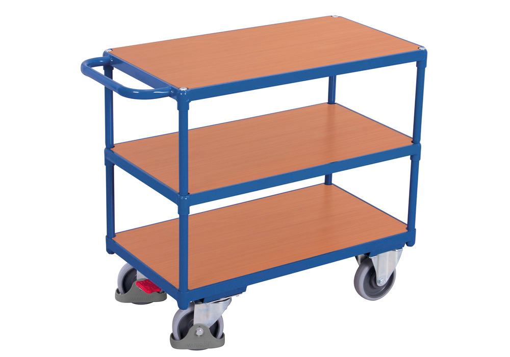 Schwerer Tischwagen aus Stahl, 3 Böden, pulverbeschichtet, EasySTOP, TK 500 kg, 1000 x 700 mm