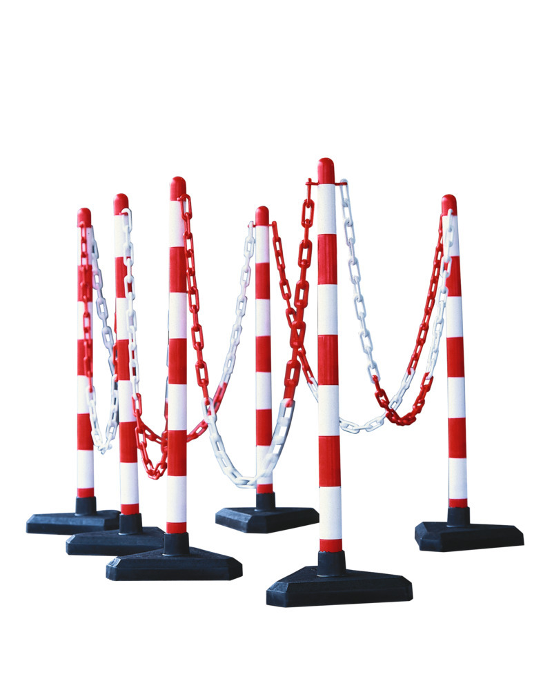 Chain barrier post set, 6 pcs, 870 mm, 10 m chain, red/white, triangle plastic base, concrete filled - 1