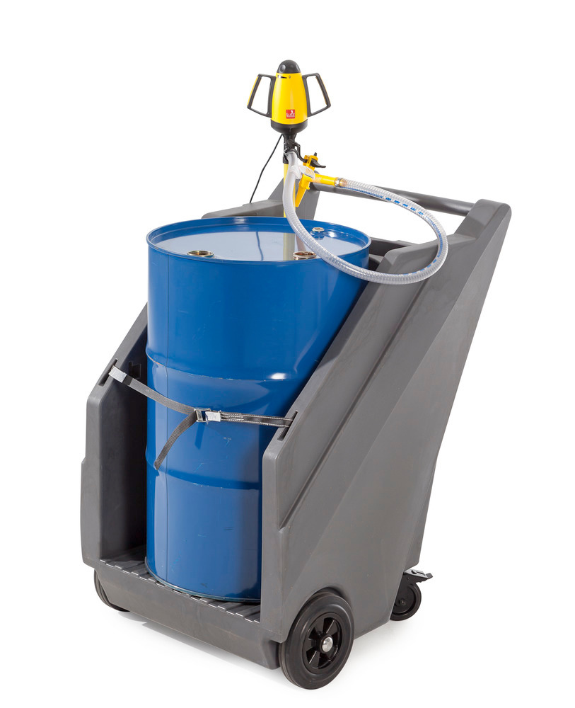 Mobile pump system for acids / chemicals, with drum trolley in PE and electr. drum pump in PP - 1